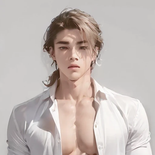 (No light and shadow environment:2), Soothing tones, Soft colors, A 23-year-old handsome Chinese man, (Shut up:1.5), (Neatly styled hair:1.5), Black slightly wavy short hair, Middle parting hairstyle, Sharp and defined facial features, With a calm and conf...