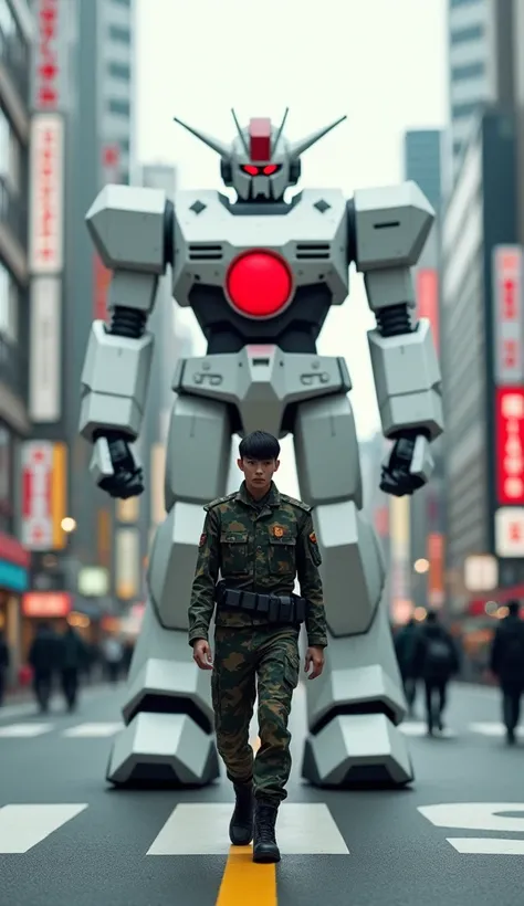 A modern Japanese soldier, dressed in a sleek urban camouflage uniform, marches confidently on a wide street alongside a massive giant robot. The robots design incorporates the white and red colors of Japans flag, with a glowing red circular emblem on its ...