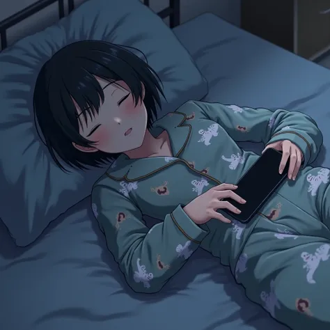 Japanese girl,   with short black hair  .  In his room on a cloudy, dark day  ,    lying on a bed , wearing dinosaur pajamas   ,    with black socks and a cell phone on his chest and with his eyes closed, with medium breasts.
  animated