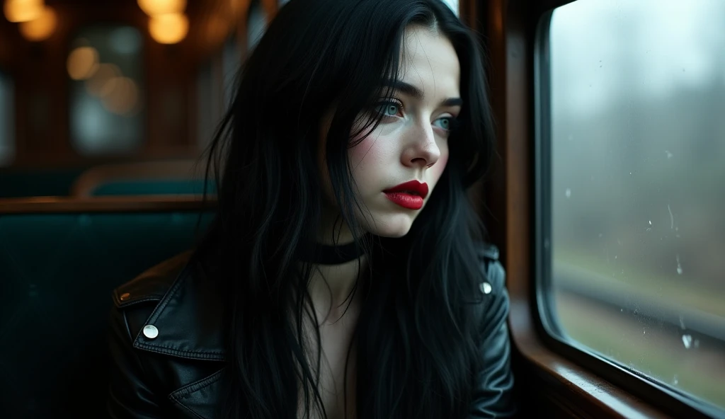 Luis Royo Style young woman, black leather rock style, very white skin, black long hair, red color lipstick on her lips, cold mystery cloudy cost of England, Luis royo, portrait, sitting in a dimly train and staring at the window