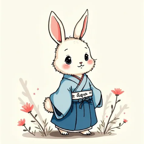  New Years ink painting 、A cute rabbit wearing a blue hakama、A ribbon with aQuas name on it 