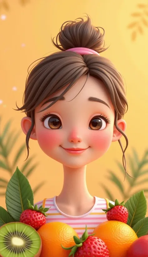 "Vibrant avatar with a gentle smile, surrounded by fresh fruits like oranges, kiwis, and strawberries. Soft pastel background adds a fresh, summery vibe, evoking energy, positivity, and natural harmony."

