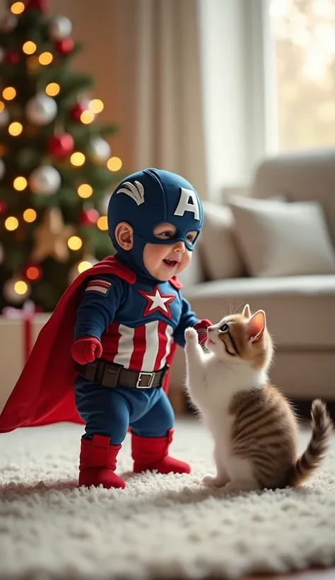 "A baby wearing  [Captain America]  is laughing happily while interacting with a kitten. The kitten, [White with brown ],  is playing and meowing ,  both looking at each other in an environment  [ in the living room of a house on a white carpet and in the ...