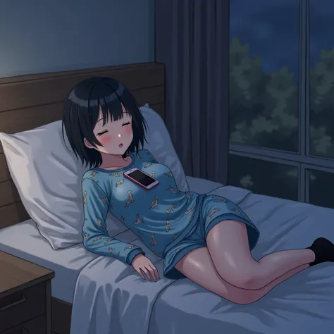 Japanese girl,   with short black hair  .  In his room on a cloudy, dark day  ,    lying on a bed , wearing dinosaur pajamas   ,    with black socks and a cell phone on his chest and with his eyes closed, with medium breasts. And big thighs
  animated