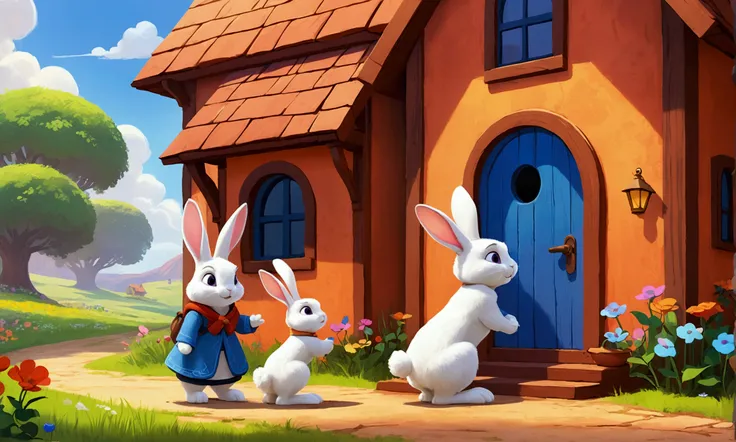 Rabbit and his mother rabbit talking to each other, background is Rabbits cozy little house,use bright colors, picture in destiny pixar art 