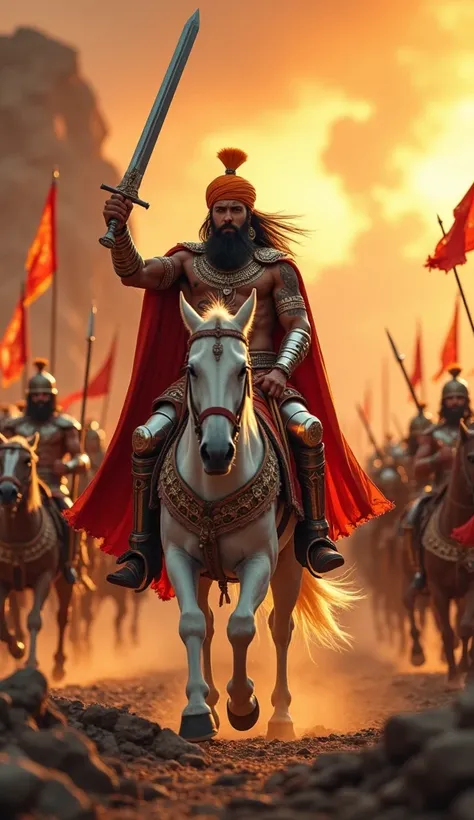 A Very Clear 4K Ultra HD Dynamic Image Of "King Vikramaditya was a strong, majestic man, dressed in traditional Indian attire, an orange turban, tattoos on his muscular chest and arms, a thick beard and a serious, determined facial expression.A powerful ba...