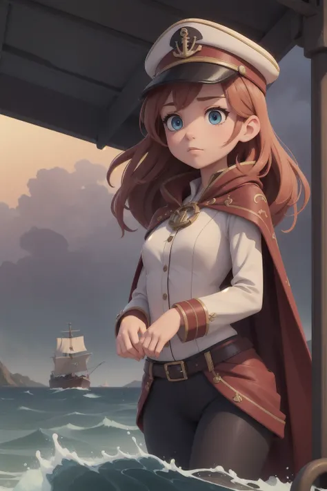 (A small chest:1.3),(masterpiece, best quality:1.4), (beautiful, aesthetic, perfect, delicate, intricate:1.2), 1 girl, adult (elven:0.7) woman,  light blue eyes, copper half-up half-down hairstyle, solo, upper body, looking down, detailed background, ship ...