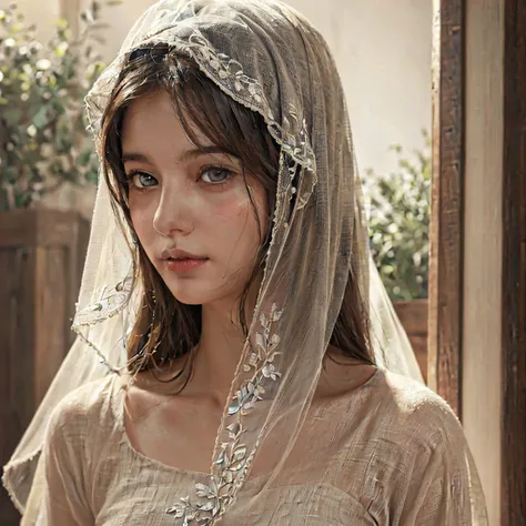 A beautiful woman in a Jewish village, beautiful detailed eyes, beautiful detailed lips, extremely detailed eyes and face, long eyelashes, wears a camel-colored linen embroidered veil on her head symbolizing purity and chastity, best quality, 4k, 8k, high ...