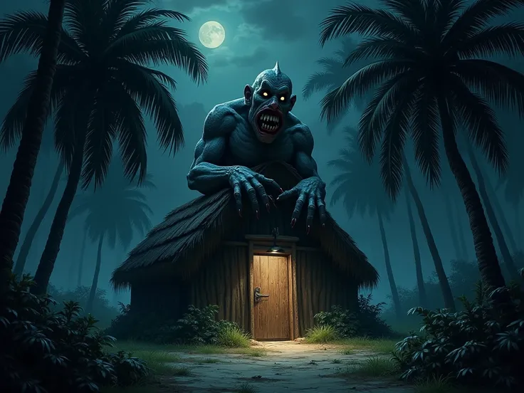 A small hut in a palm grove on a dark, dark night. A terrifying statue is attached to the door. A statue of a monster is attached to the door. Rows of palm trees stand around the house.