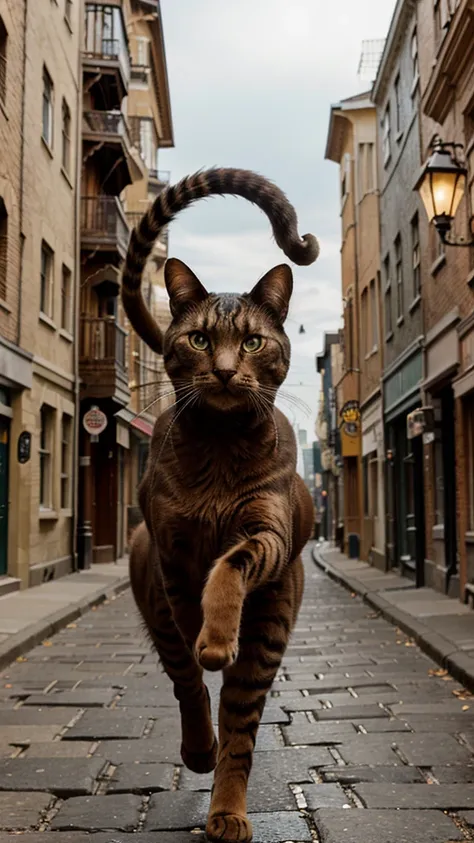 Anthropomorphic cat dressed in steampunk style, running towards the viewer on its hind legs like a human. The background is a 19th-century setting with elements like cobblestone streets, vintage street lamps, and Victorian-style buildings.