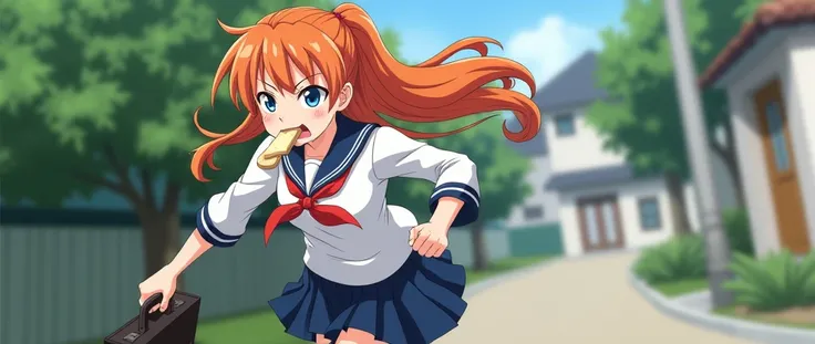 a schoolgirl leaving home late for school ,  running around with a slice of bread in her mouth and a briefcase in her right hand,  Japanese school uniform ,  long orange hair with a red ribbon tying it,  big blue eyes ,  realistic photo , side image

