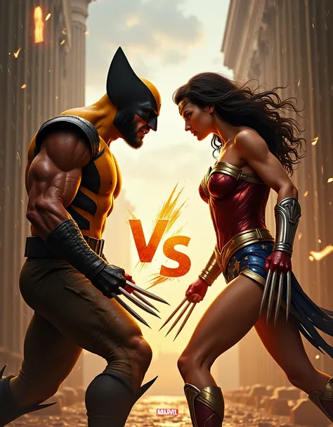 Create an image featuring Wolverine and Wonder Woman standing face to face, both ready for battle in a fierce confrontation. Wolverine, the X-Men’s toughest member, stands with his claws extended, the metal gleaming in the light. His rugged, muscular frame...