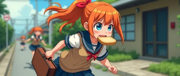 a schoolgirl leaving home late for school ,  running with a slice of bread in his mouth and a briefcase in his right hand,  school uniform,  long orange hair with a red ribbon tying it,  big blue eyes ,  realistic photo , side image

