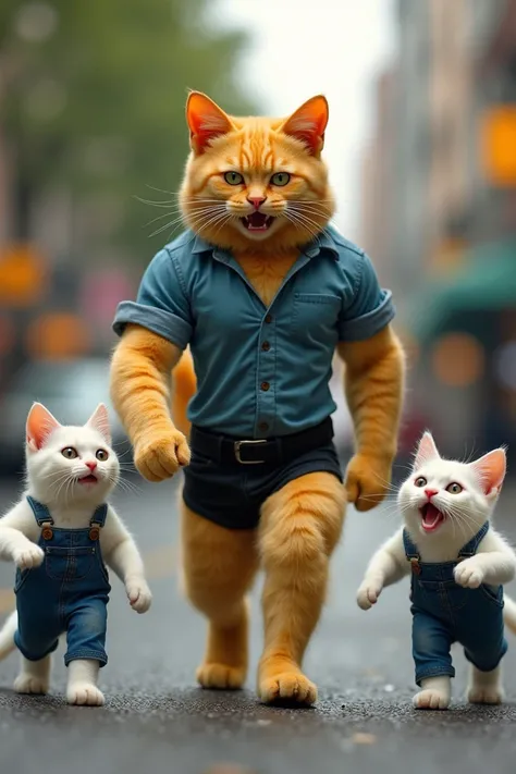  Create a standing photo with a great resolution and graphic ,  face of a muscular yellow cat that is wearing a blue blouse and black shorts , the cat with green eyes and is walking on a street with a nervous  , The weather is day  . Next to the cat there ...