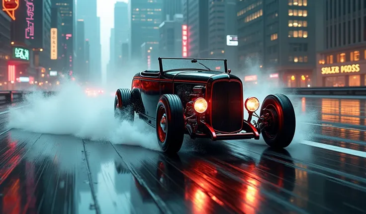 A 1932 Ford hot rod car races down a wet reflective track., Spreading water in all directions of the cyberpunk city. The city is full of neon lights, fog and height, angular building. the car is black and red、Has an aggressive and elegant look. The wheels ...