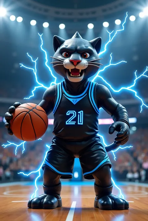 " A design of a basketball mascot for a team belonging to an electrical/automotive repair company .  The mascot is a stylized panther ,  with a dynamic and charismatic posture ,  designed to transmit electricity , strength and antiquity .  He wears a black...