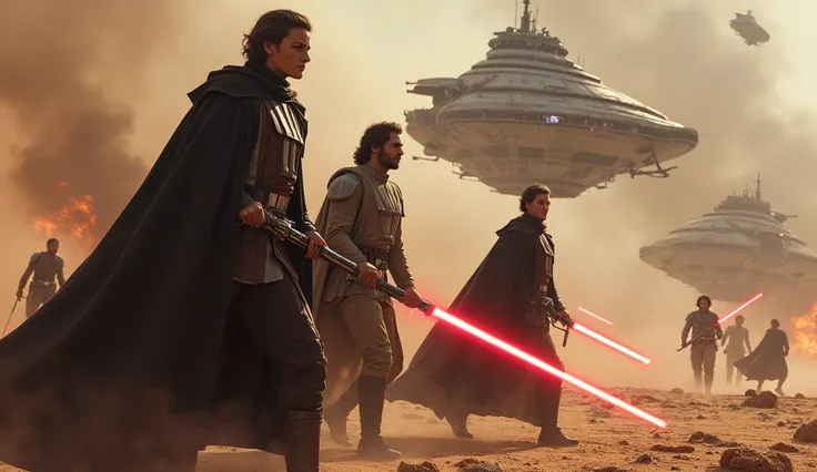 Group of rebel ready for war against empire in star wars  holding saber light  ready for war, bloody war going on multiple spaceship crashing back ground. 