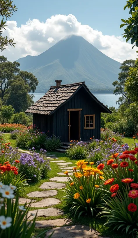 This is a very beautiful garden that has a small black house like a little cabin and has flowers of different types here and there, there are flowers of red colors, purple, yellow flowers, flowers of many colors and the house has stands and clouds above an...