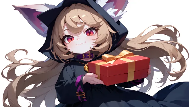 (masterpiece:1.3), (best quality:1.3), (very detailed), (anime style:0.1), game cg, anime coloring,((simple white background)),VexLoLXL,big eyes,yordle,shortstack,red eyes,((light brown hair,bangs,long hair)),shiny_skin,white_skin,white skin,black hood,hoo...