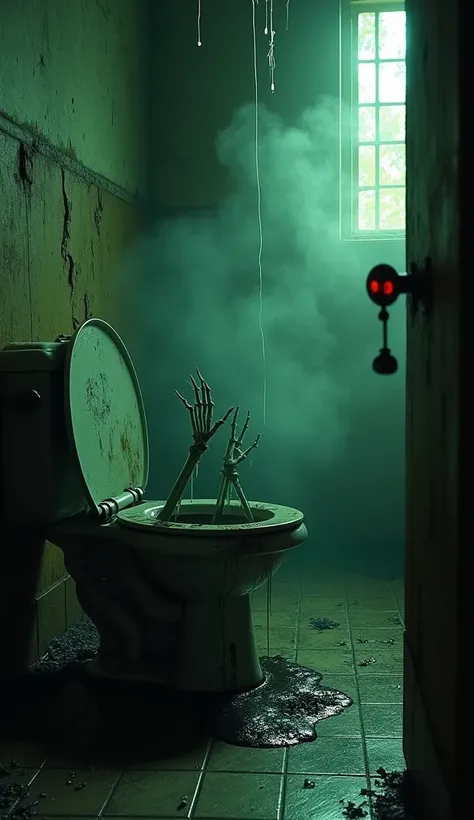 A dark, abandoned bathroom with flickering dim lights and cracked, moldy walls. The toilet is old and rusty, with ghostly white hands emerging from the bowl, their fingers long and skeletal, dripping with dark water. From the shadows behind the toilet, a p...