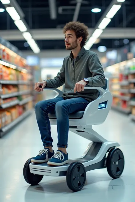 A futuristic automatic shopping cart with a disabled person using it the shopping cart has a scooter 