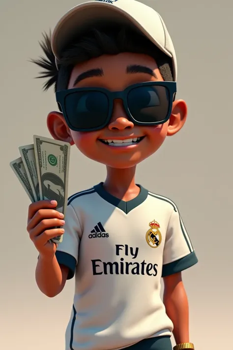 Draw animated black boy wearing dark glasses wearing a Real Madrid soccer shirt with the name Tia Paola and with money in one hand and with a cap on