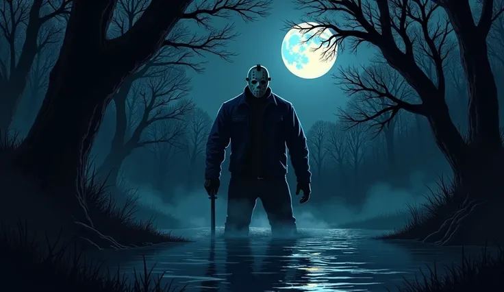 The image style is anime drawing of Jason Voorhees in a dark Crystal Lake forest at night