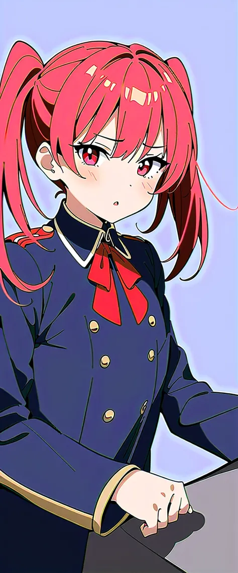 masterpiece、Highest quality、Best image quality、High resolution、Small breasts、Red hair、Red Eyes、Twin tails、、uniform