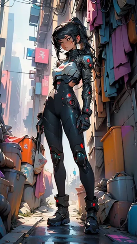 high quality detailed image cyberpunk city of the future Full length cyborg girl posing for the camera