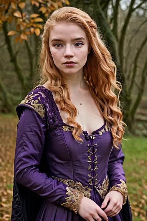 Create a game of thrones style image of a teenage woman with long, curly, light strawberry blonde hair and eyebrows. She should have large light colored eyes and a fair complexion with freckles. She should have a long face with high cheekbones. The woman s...