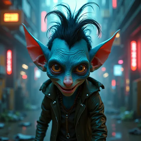 A GOBLIN ,  the skin of a blue tone . Le nez est long , Les cheveux sont une touffe noire sur le dessus de la tête. Les yeux sont globuleux ,  in a cyberpunk style 