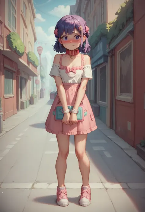 junior miss (collar) (petite) (full body) (cute and tiny) ((adorable)) (nudie cutie) (tempting to touch) ((empty street at dawn)) (adorable and shy) (minimal clothes, embarrassed to be exposed but liking the attention)