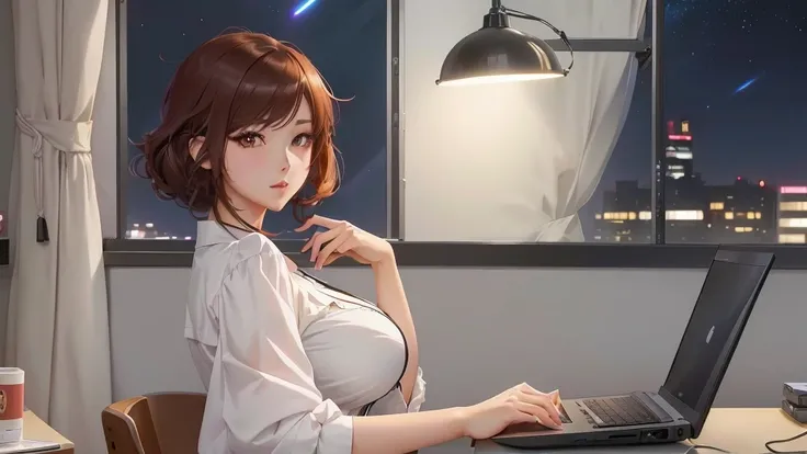 anime woman sitting at a desk with a laptop computer, digital anime illustration, seductive anime girl, detailed digital anime art, [ 4 k digital art ]!!, digital anime art, realistic artstyle, (sfw) safe for work, attractive anime girl, smooth anime cg ar...