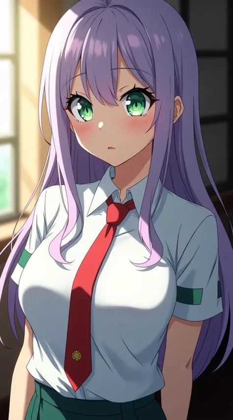  Beautiful girl from Bokuno Hero Academia emerald eyes , long straight hair and light purple ,  wearing the uniform of Boku no Hero Academia talking to Katsuki Bakugo, anime look 