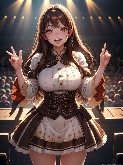  extremely detailed CG Unity 8K wallpaper , Beautiful paintings, (( brown hair、Girly Hair:1.2)), ((Red eyes、Droopy eyes:1. 4)),  shiny hair, Thick bangs, (( I show my white teeth and laugh : 1. 2)), ((Image Processing Algorithms:1.5)),  high pixel density ...