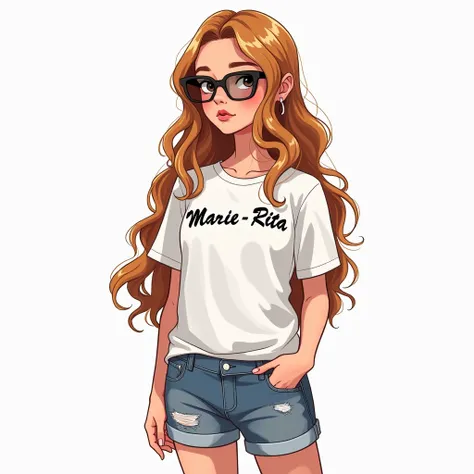  un gros plan dun dessin animé dune femme aux cheveux longs, portant une chemise de stile avec le nom Marie- Rita dessus, portant un t-shirt, elle porte du streetwear, dressed in a t-shirt blanc, T-shirt blanc, t-shirt blanc , dans le style dune illustrati...