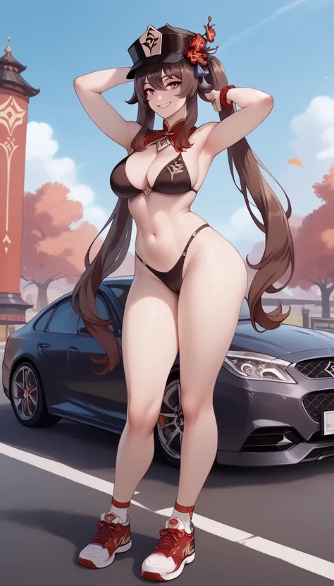 ultra-detailed, 1girl, hutao, genshin impact, ((masterpiece)), (best quality), (highres), 16K, perfect face, red eyes, long hair, brown hair, twintails, hat, black bikini, sneakers, busty body, large breasts and a beautiful ass, showcasing cleavage, legs, ...