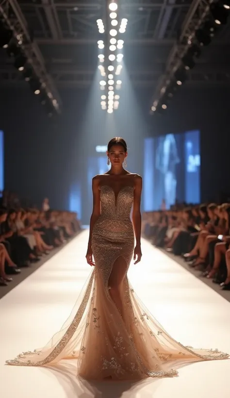 An elegant woman walking confidently on a wide fashion runway, wearing a luxurious evening gown with intricate details and shimmering fabrics. The runway stretches far into the distance, lined with bright spotlights and an audience seated on either side, t...