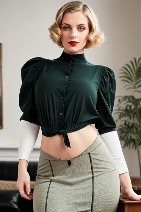 A beautiful classic 1920s woman with a perfect curvy body, (full shot:1.5), (front view:1.5), full body, detailed face, detailed eyes, detailed lips, detailed chest, highest quality, masterpiece, listening to the radio in a 1920s living room, blonde hair i...