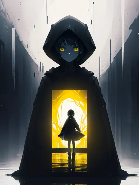 “create a dark and atmospheric illustration of a young girl inspired by the character six from little nightmares. the girl wears...