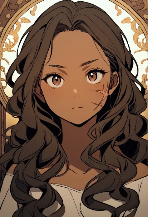  Brown-skinned girl ,  long curly hair, A round face, a scar on the cheek