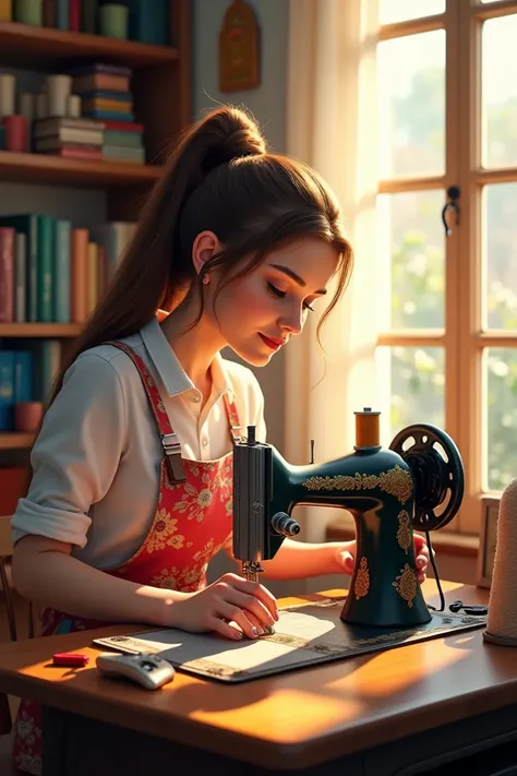 

---

**Prompt:**

" A focused woman is sewing on a sewing machine in a cozy, well-lit environment.  She has long brown hair tied in a messy bun ,  wearing a colorful apron over a simple blouse .  The sewing machine is classic ,  with vintage details ,  p...