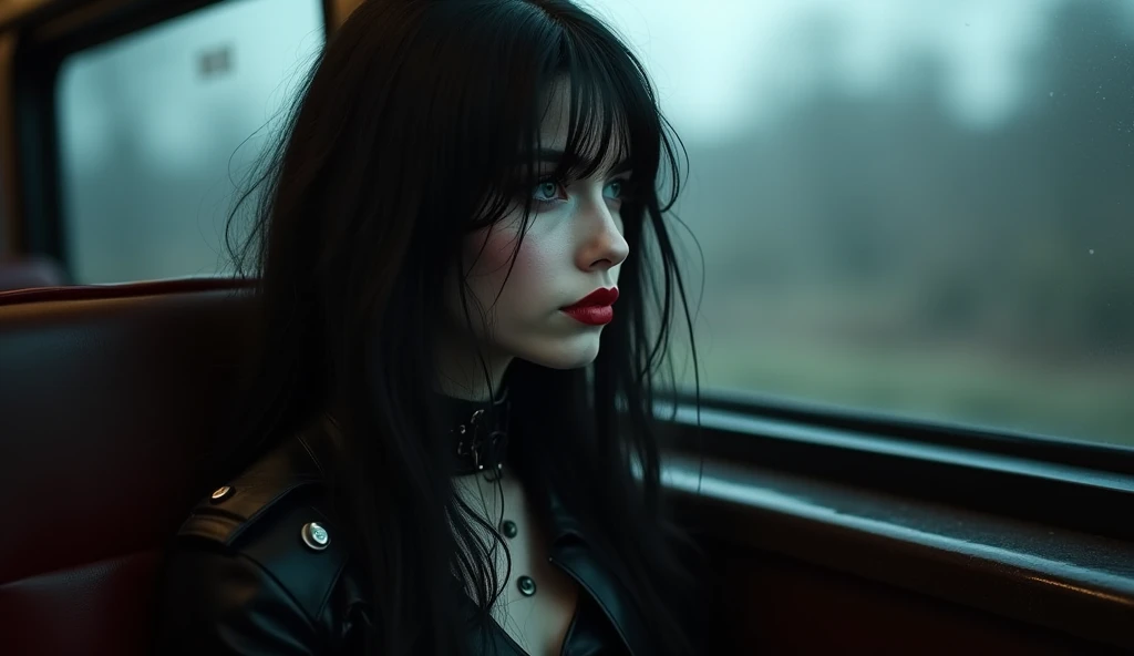 Luis Royo Style young woman, black leather rock style, very white skin, black long hair, red color lipstick on her lips, cold mystery cloudy cost of England, Luis royo, portrait, sitting in a dimly train and staring at the window