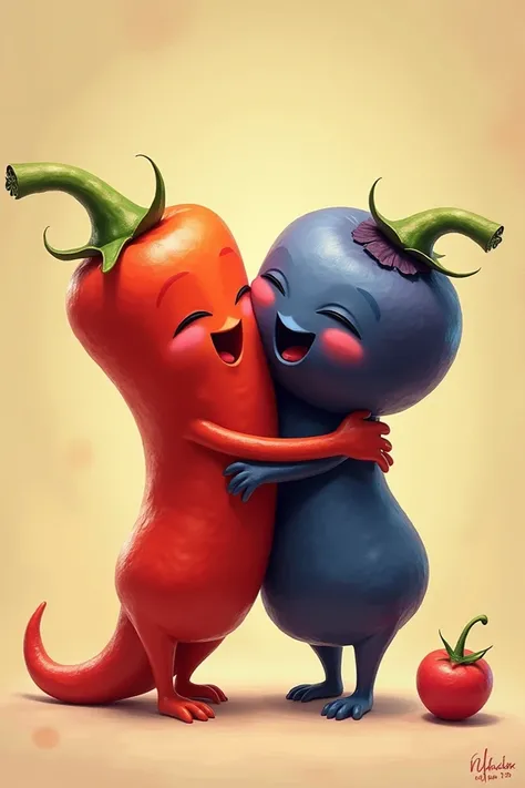 A picture of a hot pepper and a beautiful round blueberry hugging each other.