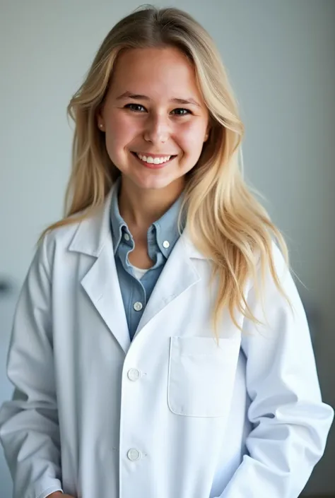 Professional photo of a girl in a medical white coat<  hair blond  