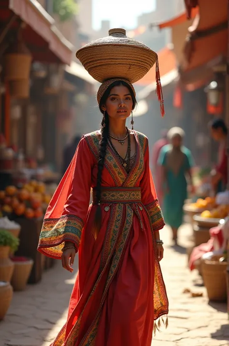 A Moroccan woman wearing a traditional northern Moroccan dress carried a Moroccan Kufa over her head and walked around the market