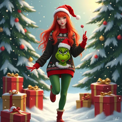  A beautiful woman with long straight red hair with bangs and two locks in front of her face ,  dressed in a Christmas sweater with the grinsh doll and a candy in her hand , with a Christmas hat, standing up to 3 / 4 with one leg up and lots of snow around...