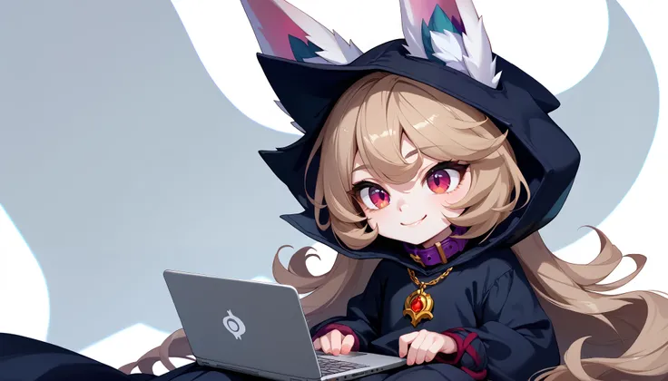 (masterpiece:1.3), (best quality:1.3), (very detailed), (anime style:0.1), game cg, anime coloring,((simple white background)),VexLoLXL,big eyes,yordle,shortstack,red eyes,((light brown hair,bangs,long hair)),shiny_skin,white_skin,white skin,black hood,hoo...