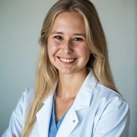 Professional photo of a girl in a medical white coat<  hair blond  