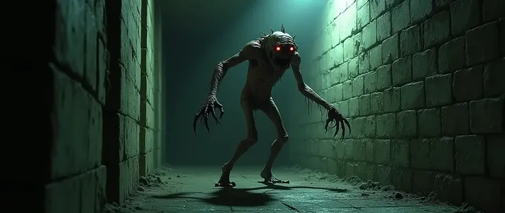 "A grotesque humanoid creature in a dark, damp basement. Its skin appears stretched tight and semi-translucent, clinging to a thin, distorted body with exposed veins. The creatures limbs are unnaturally long, bending at awkward angles, with sharp, claw-lik...